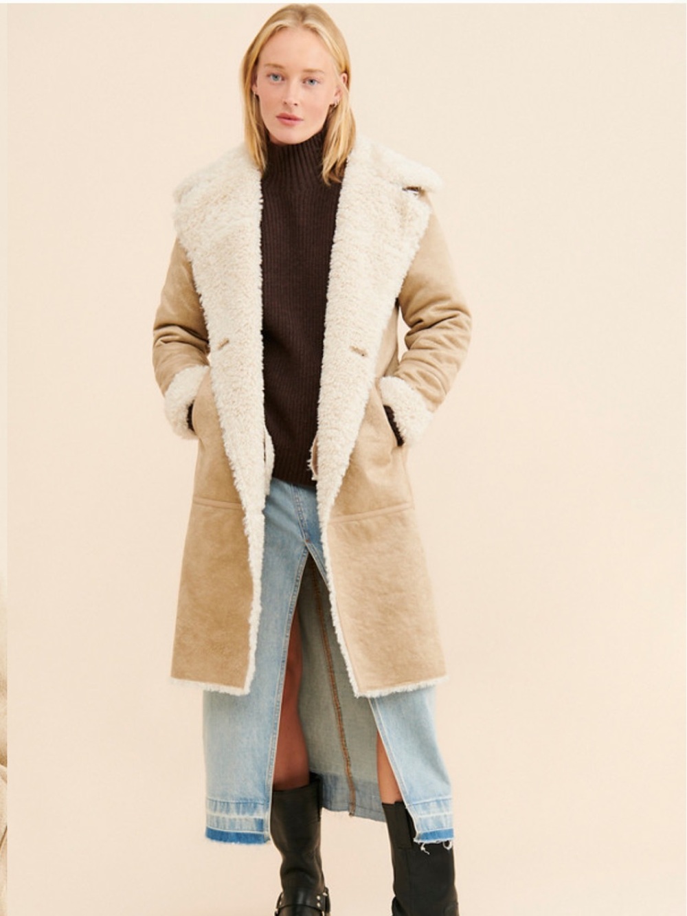 Anthropology NVLT  Faux Sterling -Trim Long Coat in Beige